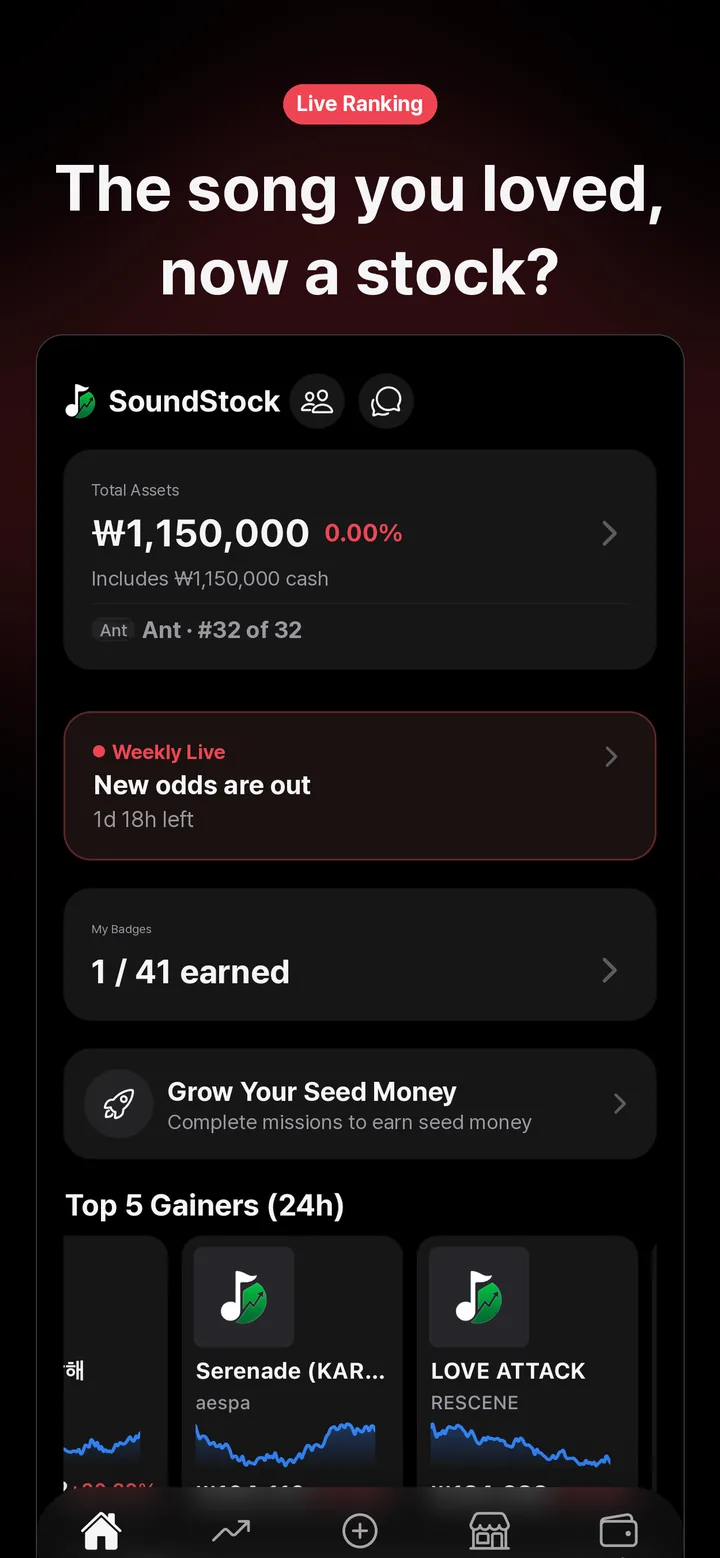 SoundStock home screen showing total assets and the live ranking